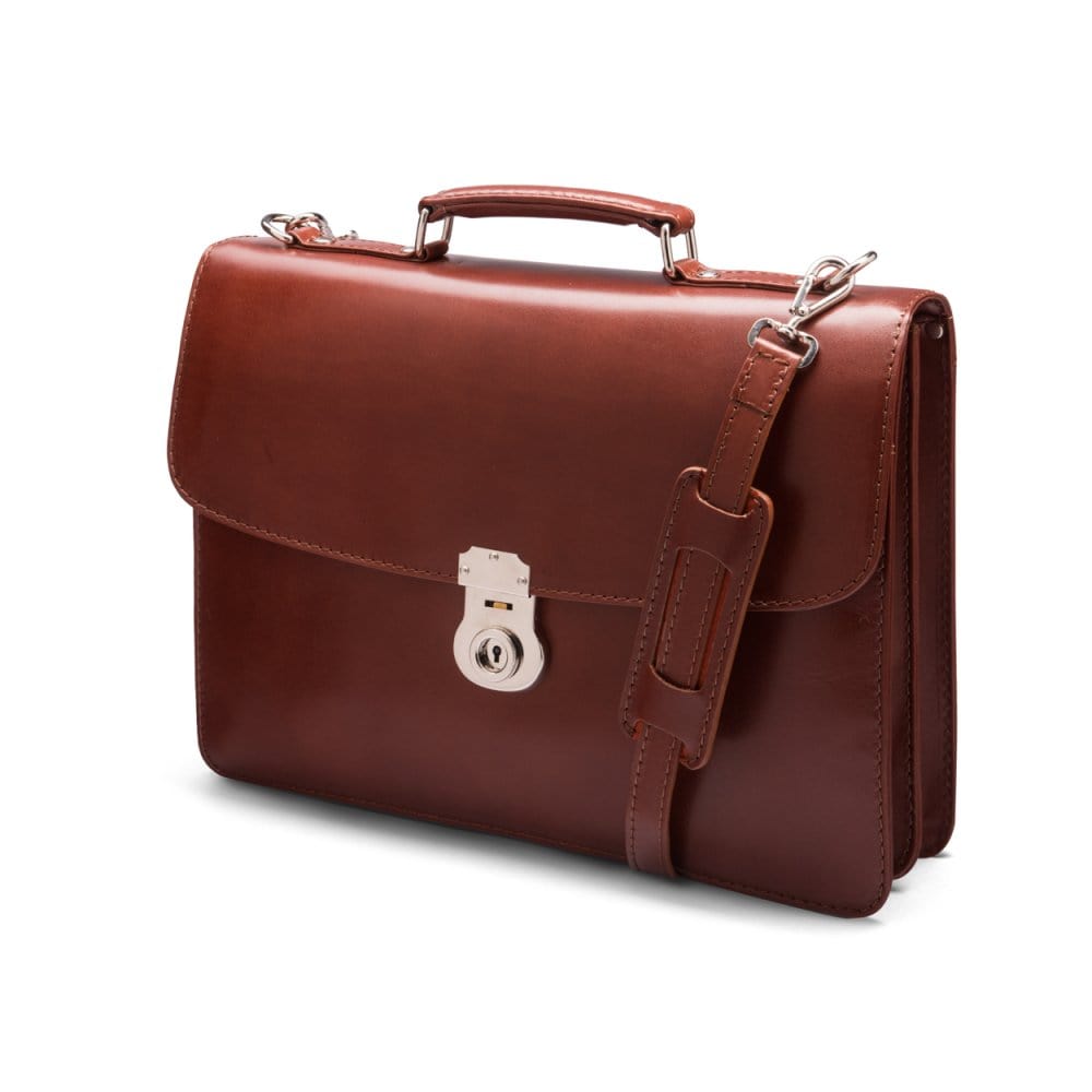 Leather briefcase with silver brass lock, Harvard vintage look, tan, side