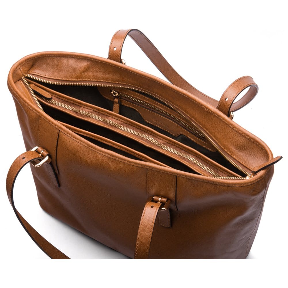 Women&#39;s leather 13&quot; laptop workbag, tan saffiano, open