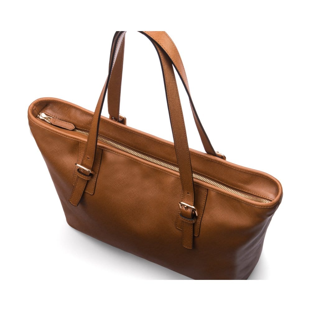 Women&#39;s leather 13&quot; laptop workbag, tan saffiano, zip closure