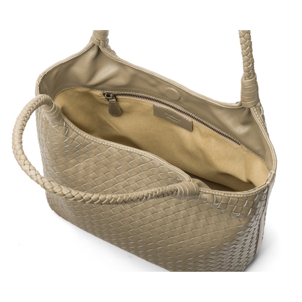 Woven leather shoulder bag, taupe, open