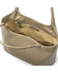 Woven leather shoulder bag, taupe, open