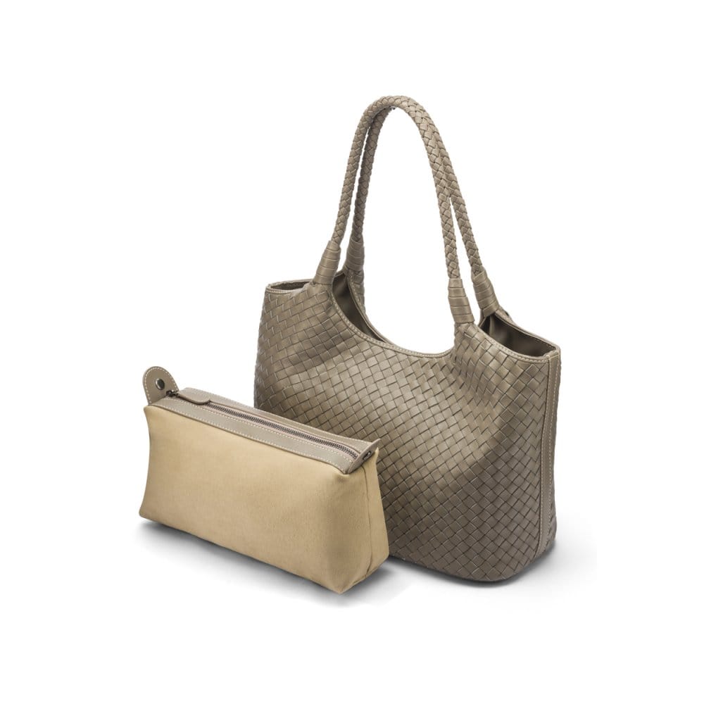 Woven leather shoulder bag, taupe, with detachable inner bag