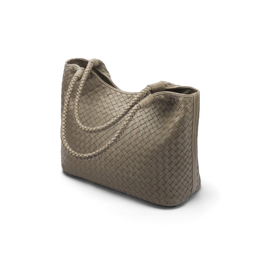 Woven leather shoulder bag, taupe