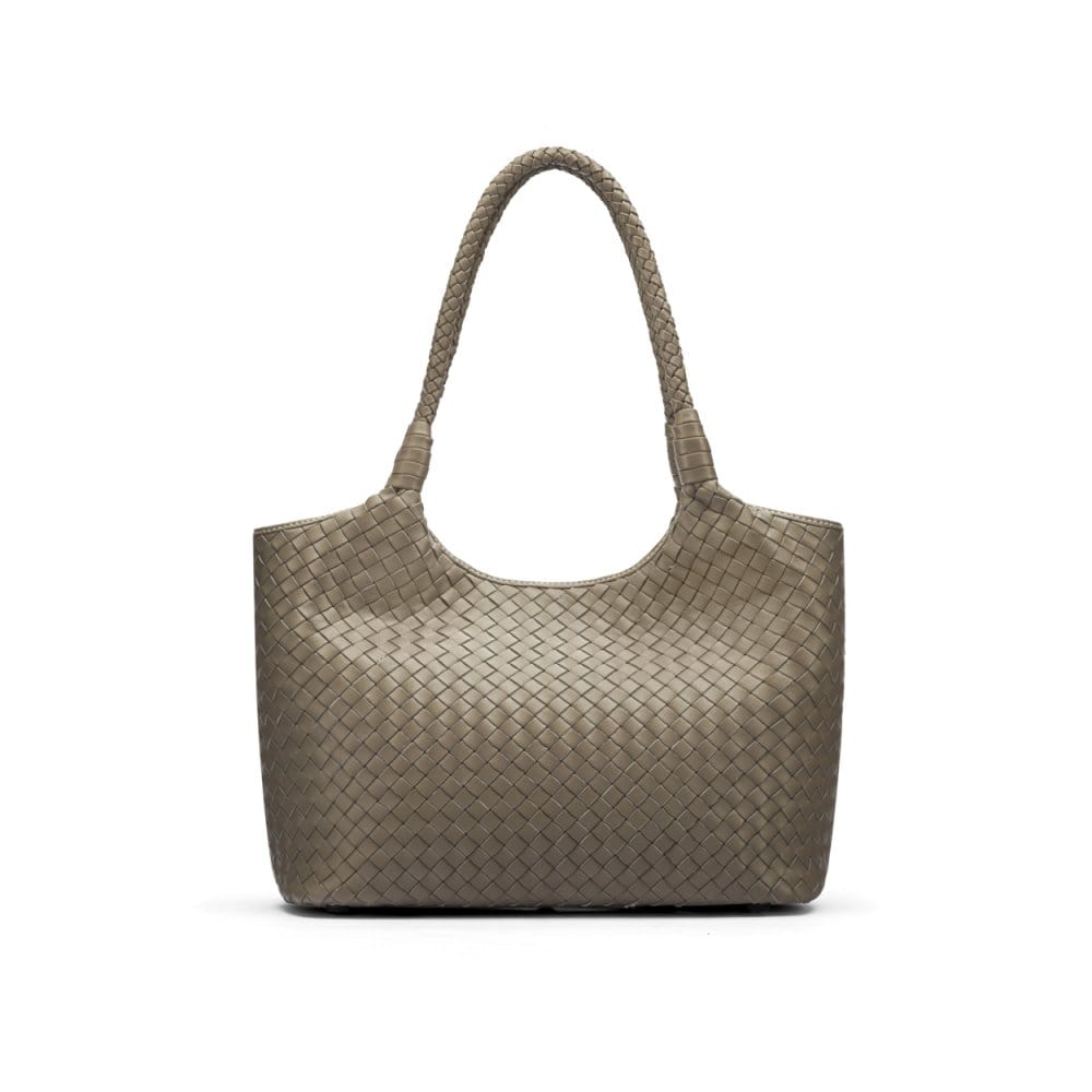 Woven leather shoulder bag, taupe, front