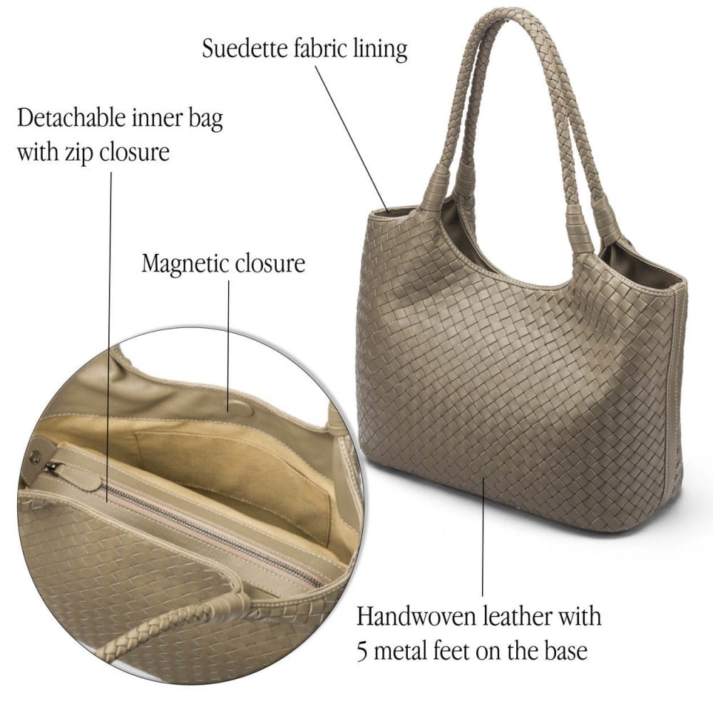 Woven leather shoulder bag, taupe, features