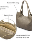 Woven leather shoulder bag, taupe, features