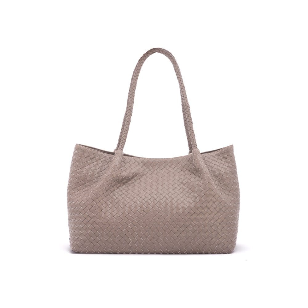 Woven leather slouchy bag, taupe, front