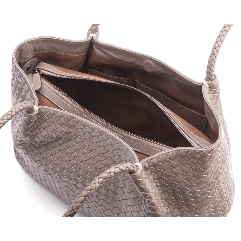 Woven leather slouchy bag, taupe, front, inside