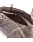 Woven leather slouchy bag, taupe, front, inside