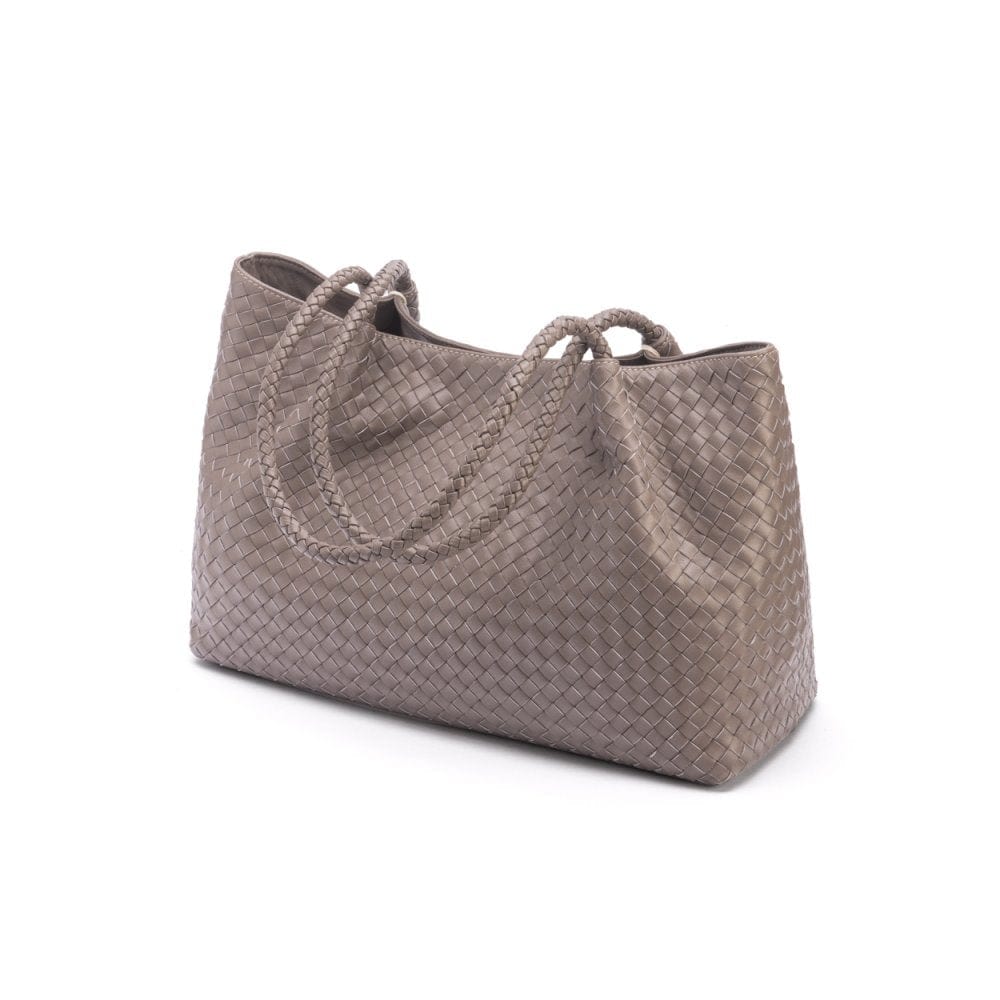 Woven leather slouchy bag, taupe, front, side
