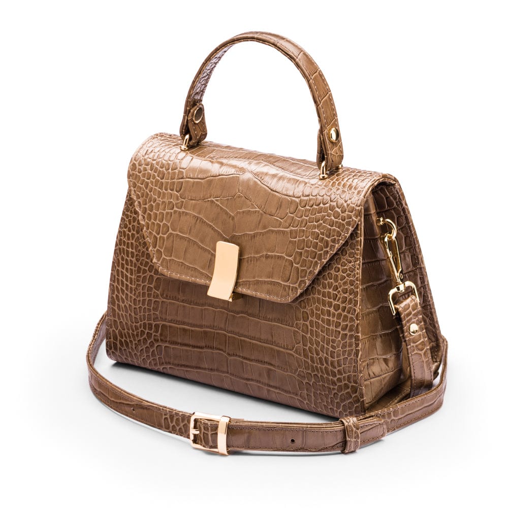 Sabrina top handle bag, taupe croc leather, side view