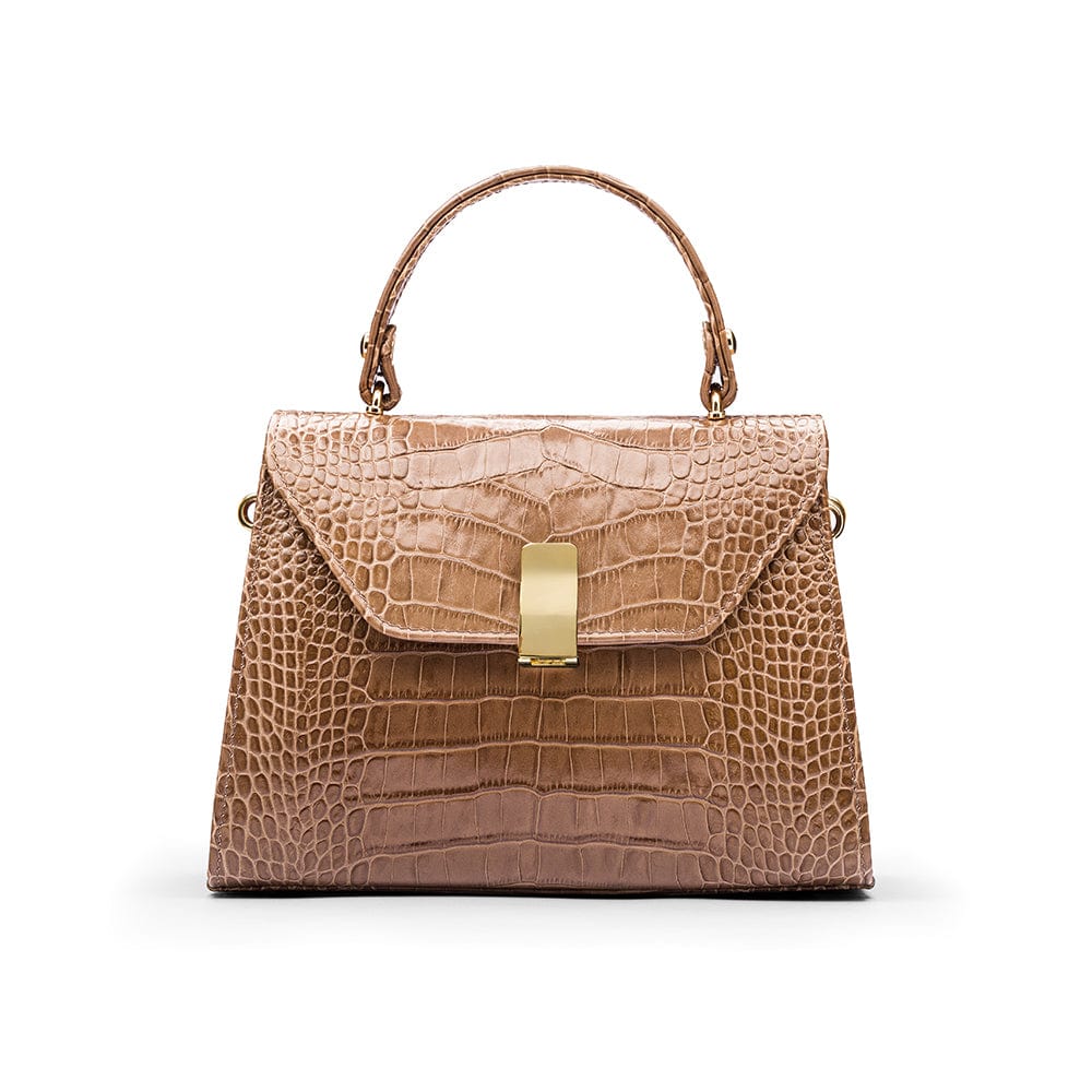 Sabrina top handle bag, taupe croc leather, front view