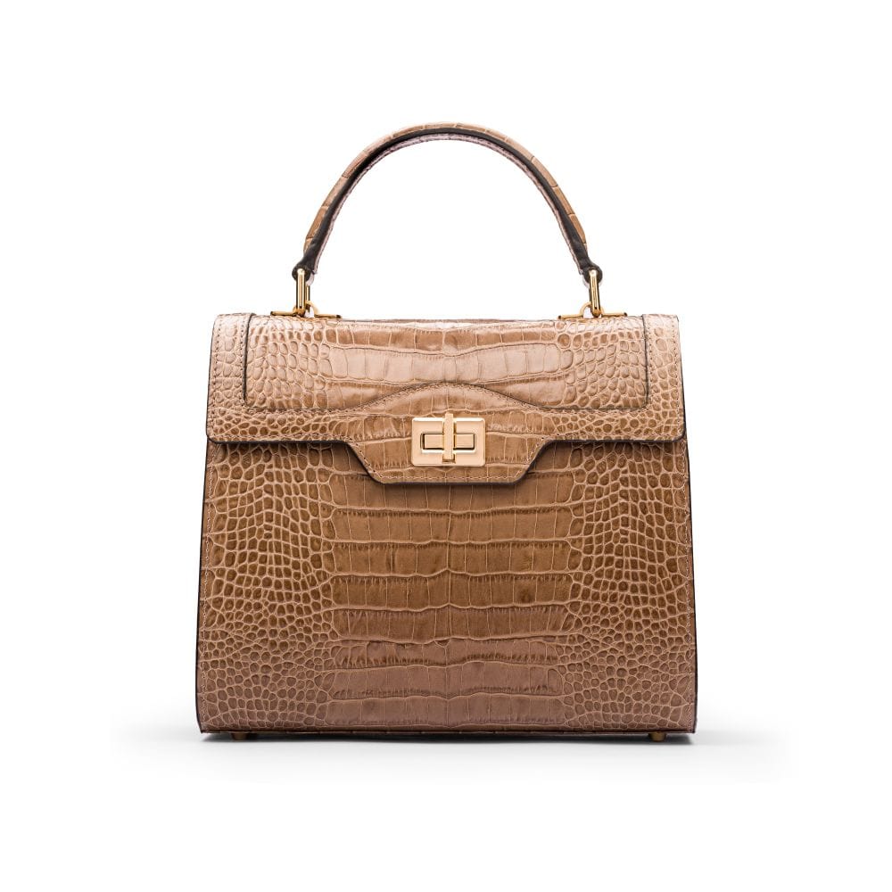 Leather signature Morgan bag, taupe croc, front view