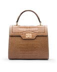 Leather signature Morgan bag, taupe croc, front view