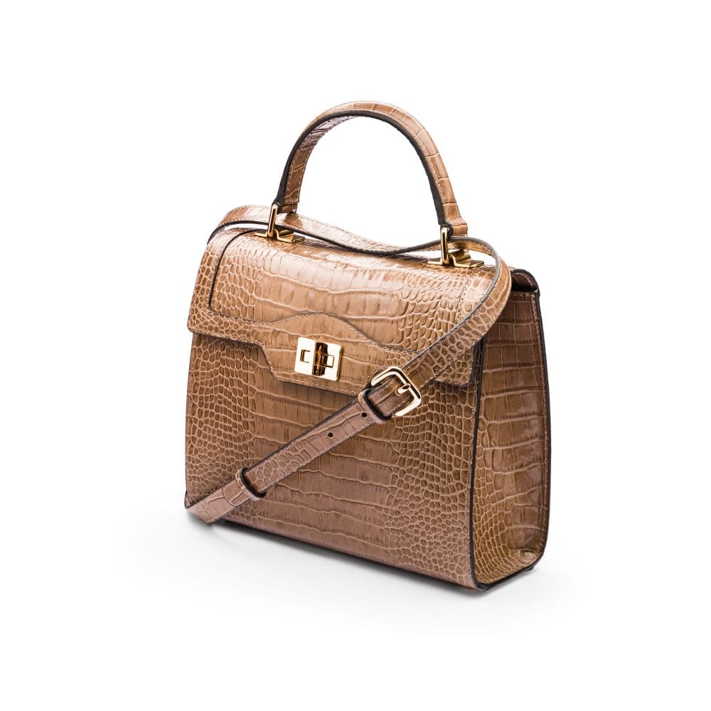 Leather signature Morgan bag, taupe croc, side view