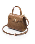 Mini leather Morgan Bag, top handle bag, taupe croc, side view