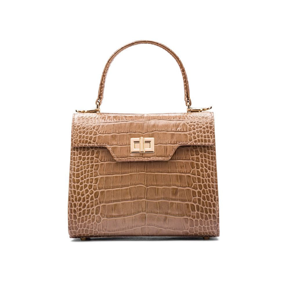 Mini leather Morgan Bag, top handle bag, taupe croc, front view