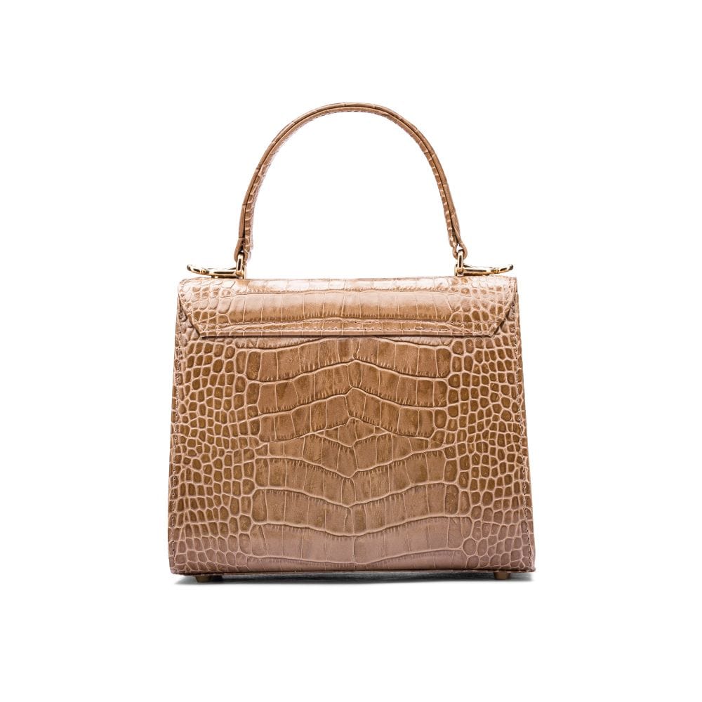 Mini leather Morgan Bag, top handle bag, taupe croc, back view