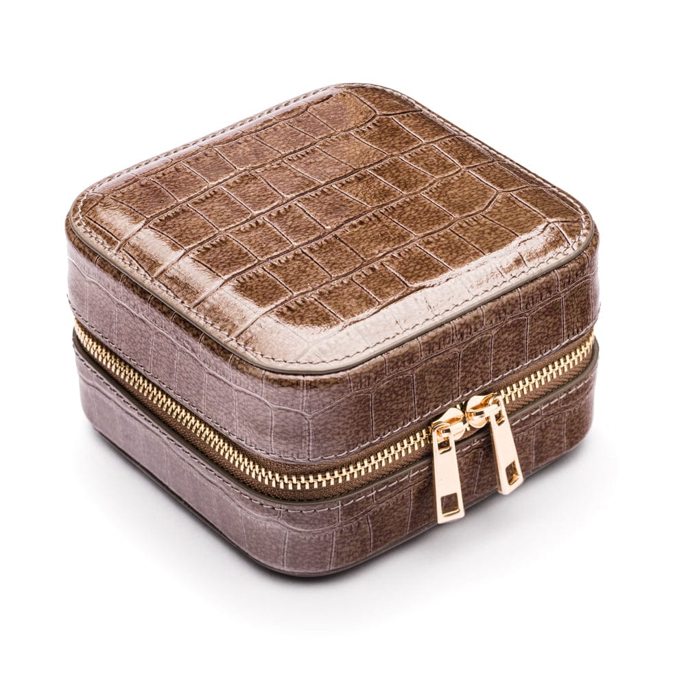 Leather travel jewellery case with zip, taupe croc, side view