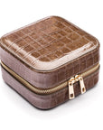 Leather travel jewellery case with zip, taupe croc, side view