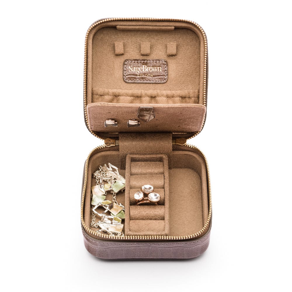 Leather travel jewellery case with zip, taupe croc, open view