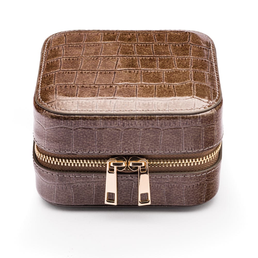 Leather travel jewellery case with zip, taupe croc, front view
