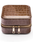 Leather travel jewellery case with zip, taupe croc, front view