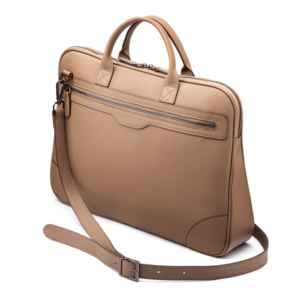 16"  slim leather laptop bag, taupe, side view
