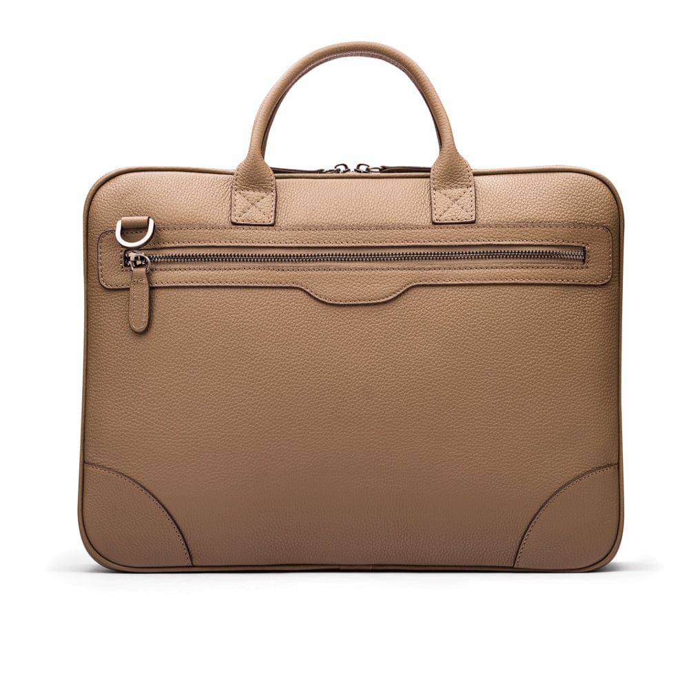 16"  slim leather laptop bag, taupe, back view