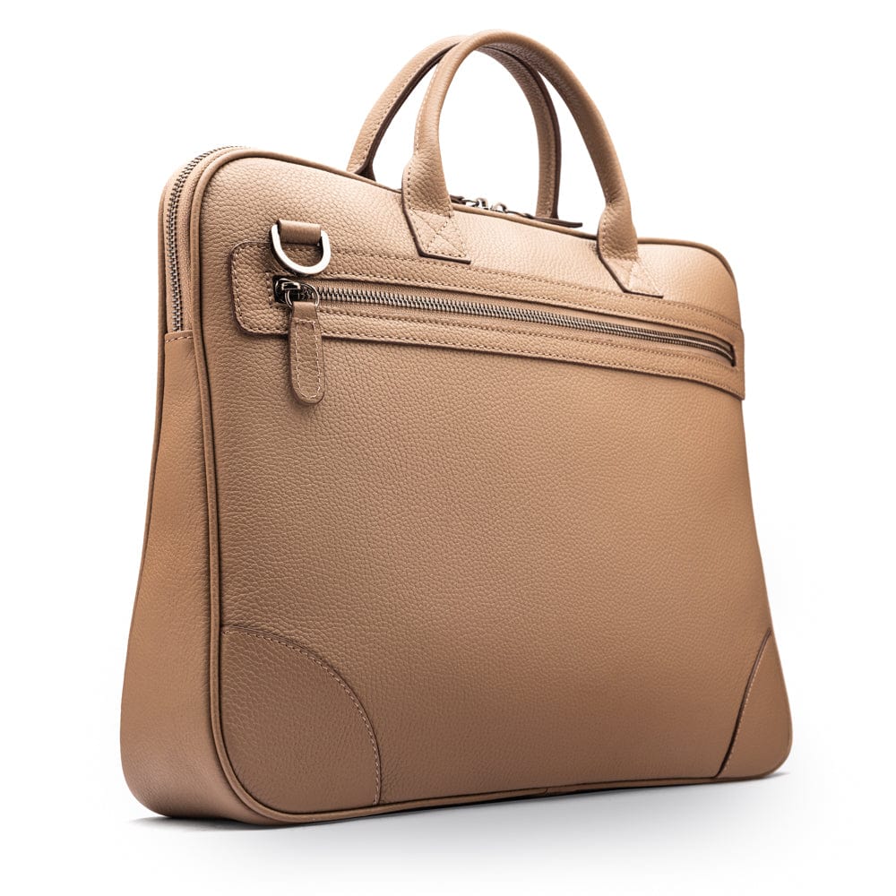 16"  slim leather laptop bag, taupe, front view