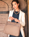 16" slim leather laptop bag, taupe, lifestyle