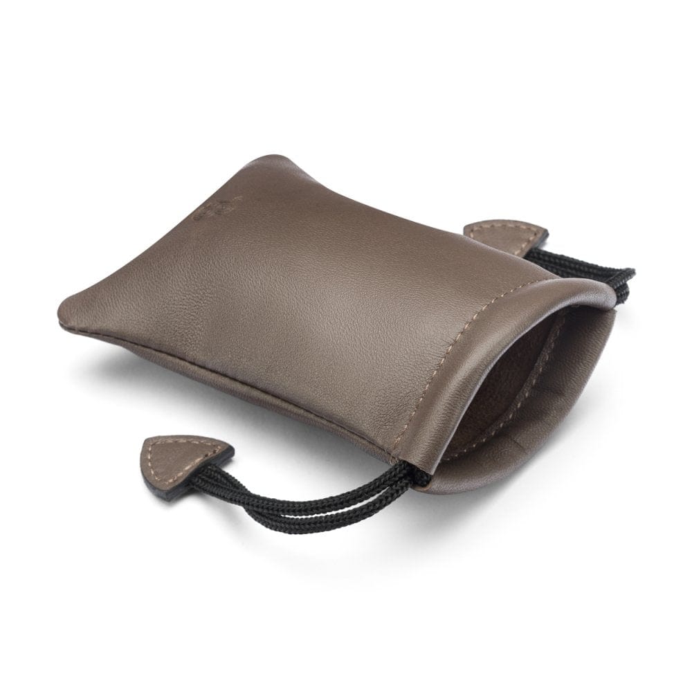 Taupe Leather Drawstring Coin Pouch