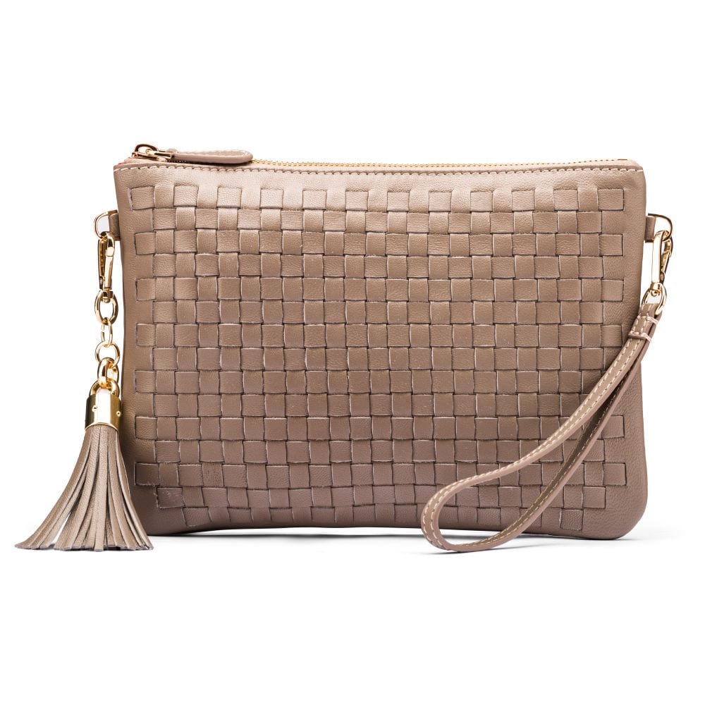 Leather woven cross body bag, taupe, front view
