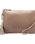 Leather woven cross body bag, taupe, front view