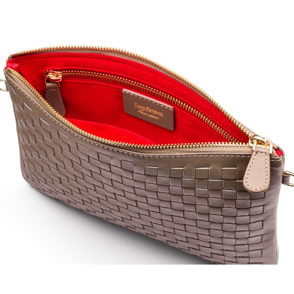 Leather woven cross body bag, taupe, inside