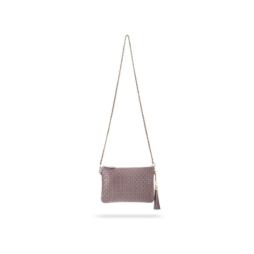 Leather woven cross body bag, taupe, with long strap