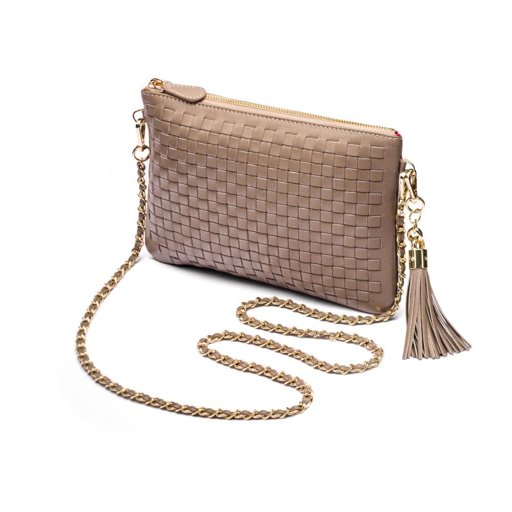 Leather woven cross body bag, taupe, with chain strap