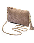 Leather woven cross body bag, taupe, with chain strap