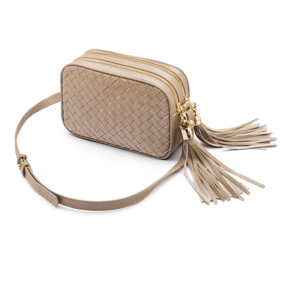 Woven leather camera bag, taupe, side