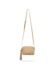 Woven leather camera bag, taupe, with long shoulder strap