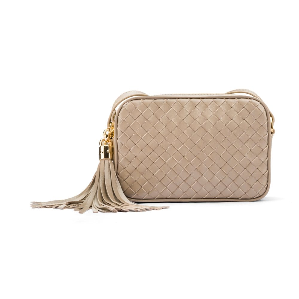 Woven leather camera bag, taupe, front