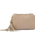 Woven leather camera bag, taupe, front