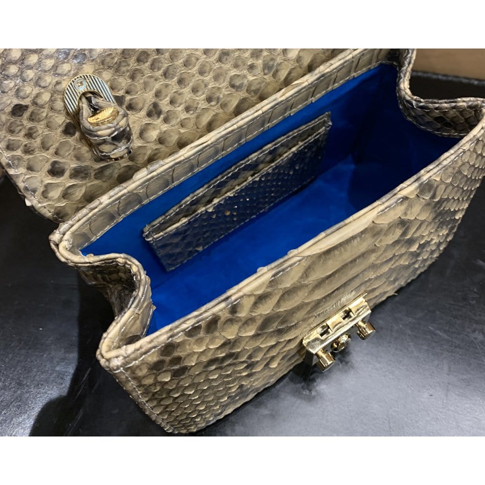 Small real python top handle bag, taupe, inside