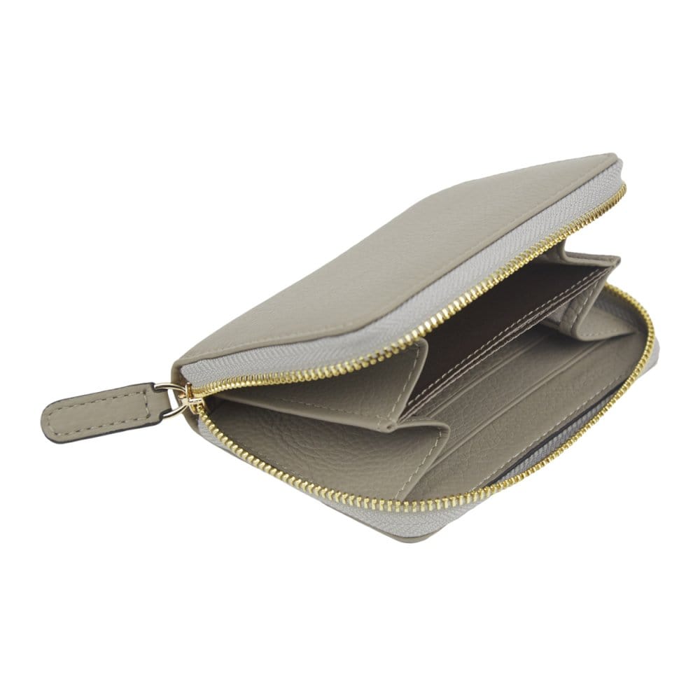 Small leather zip around coin purse, taupe, interior