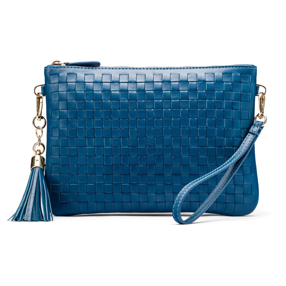 Leather woven cross body bag, teal, front view