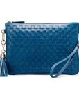 Leather woven cross body bag, teal, front view