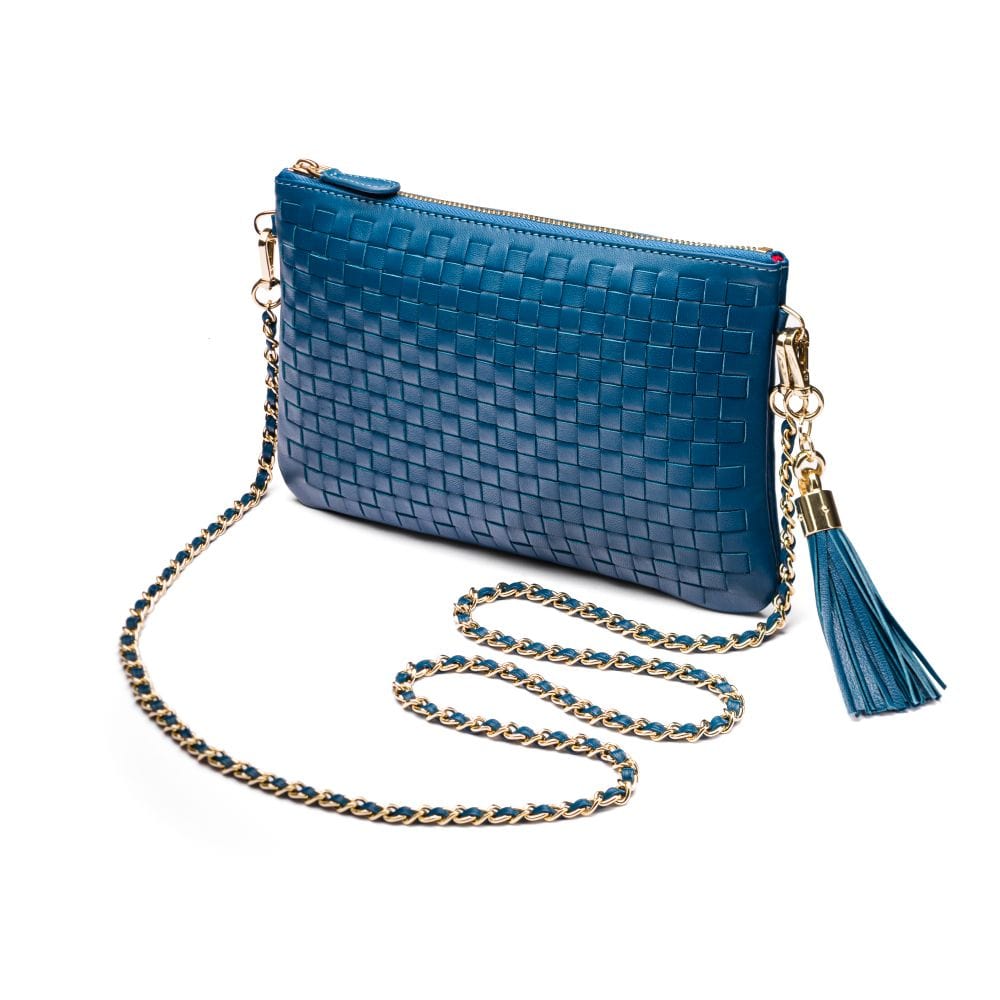 Leather woven cross body bag, teal, with chain strap