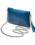 Leather woven cross body bag, teal, with chain strap