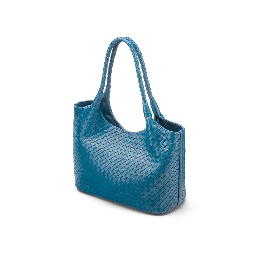 Woven leather tote, turquoise, front view