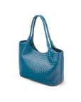 Woven leather tote, turquoise, front view